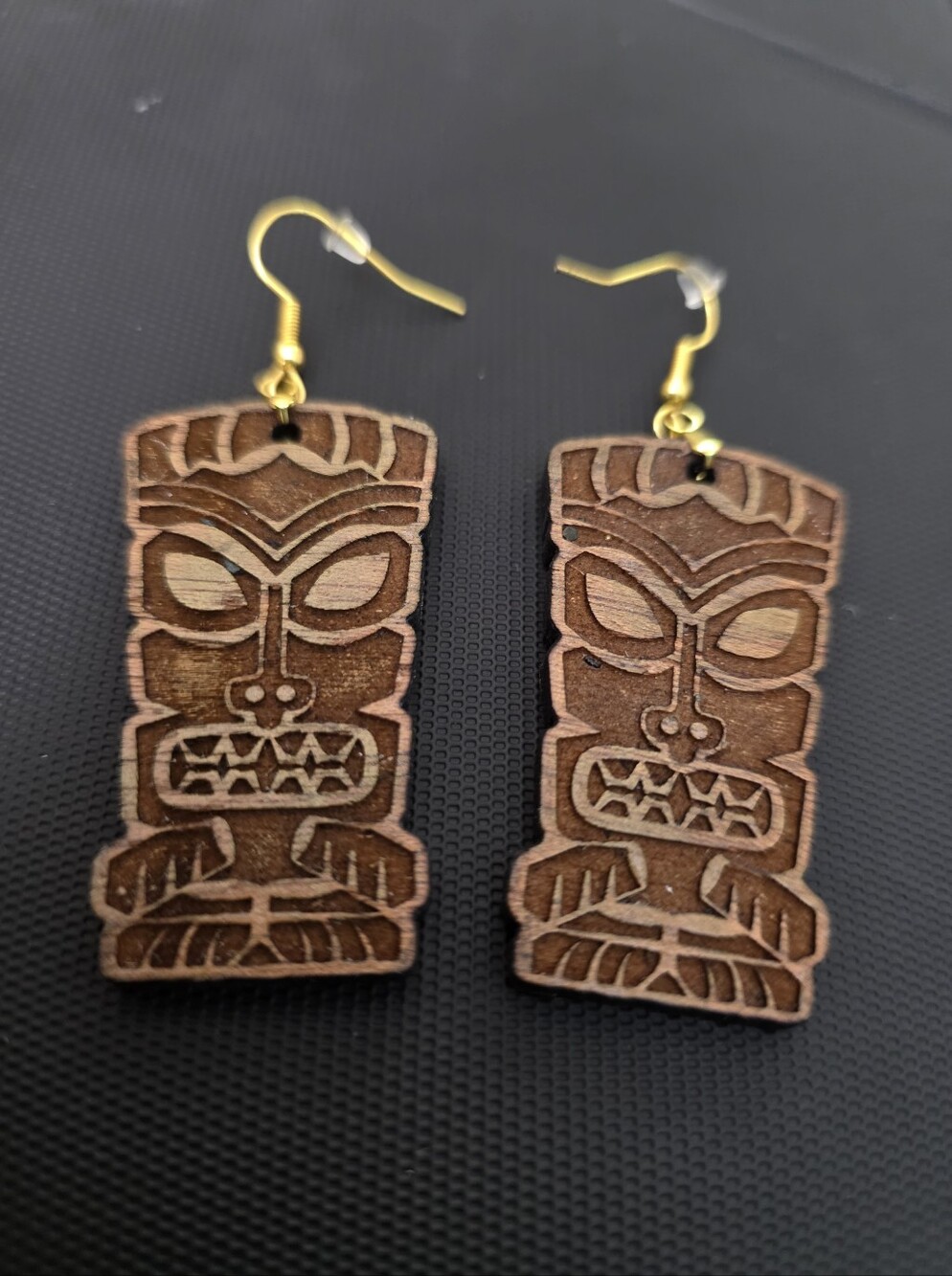 Tiki Style Wood Engraved Earrings 2"